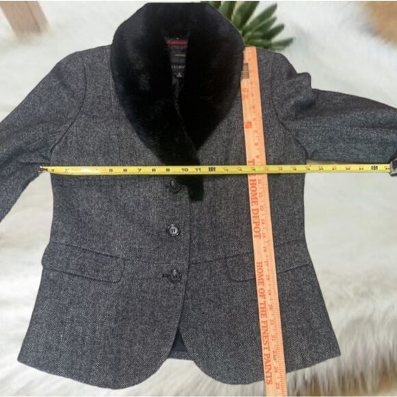 TALBOTS ABERDEEN SHETLAND WOOL  HERRINGBONE TAILORED BLAZER FAUX FUR TRIM SZ 8 - Picture 9 of 15